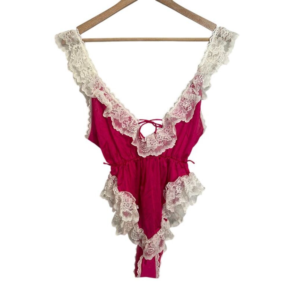VTG Juliara 80s Lace Teddy Bodysuit Lingerie S Pink Satin Ruffle Lace High Cut